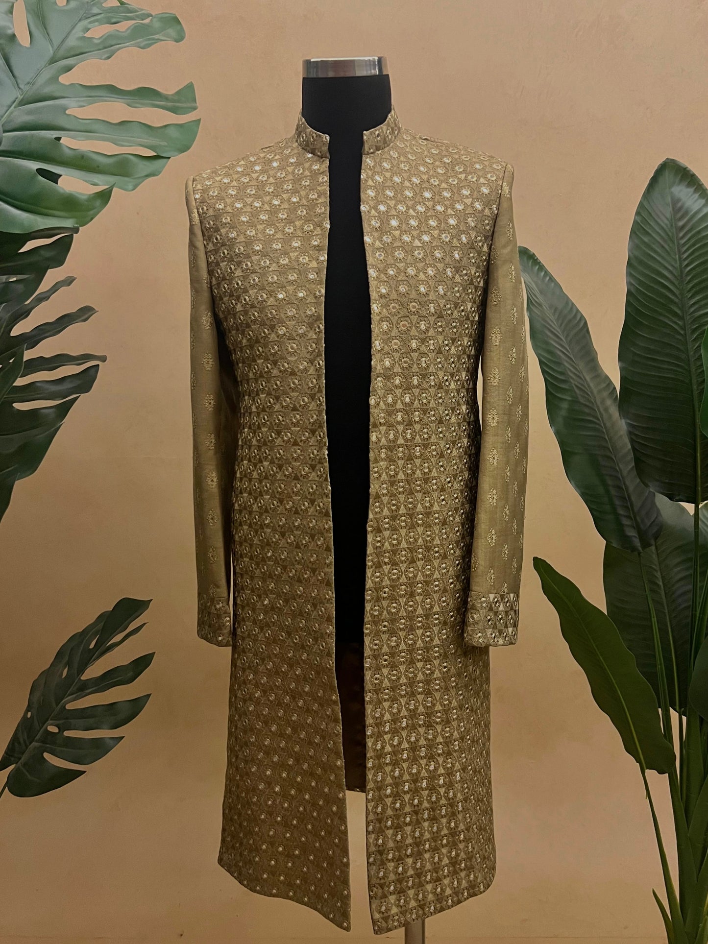 Golden Glamour - Antique Gold Zari & Mirror Work Groom Sherwani