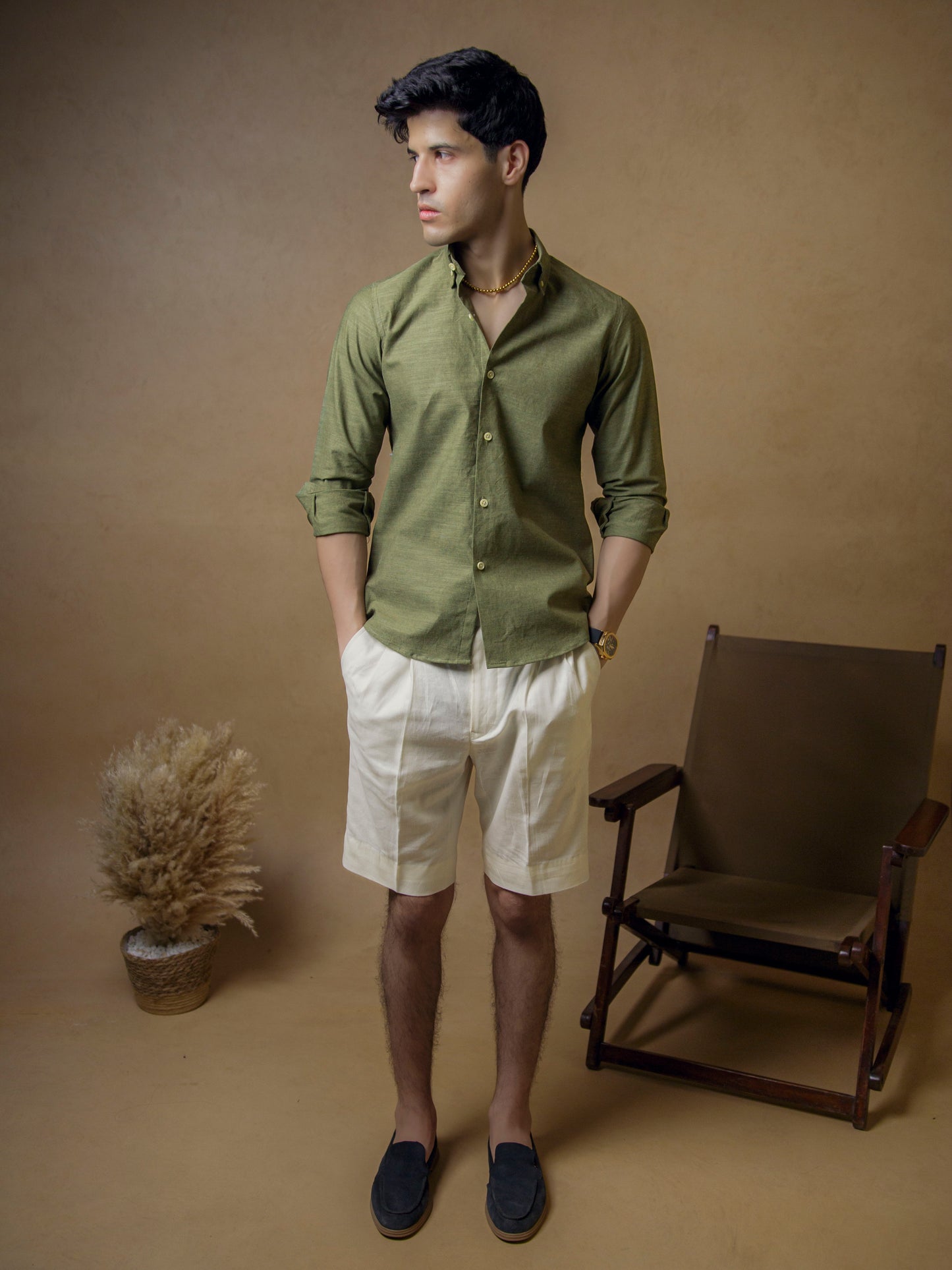 Dark Olive Green with Ivory Shorts