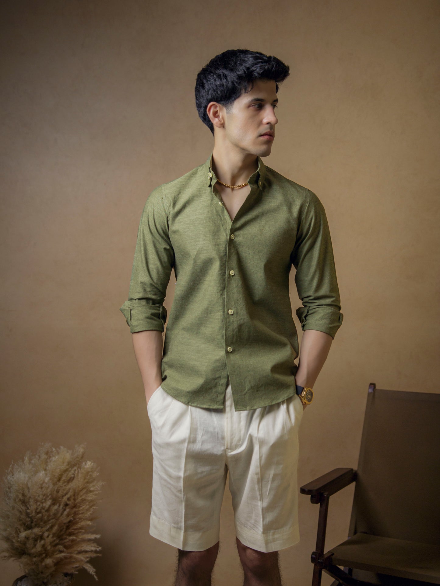 Dark Olive Green with Ivory Shorts