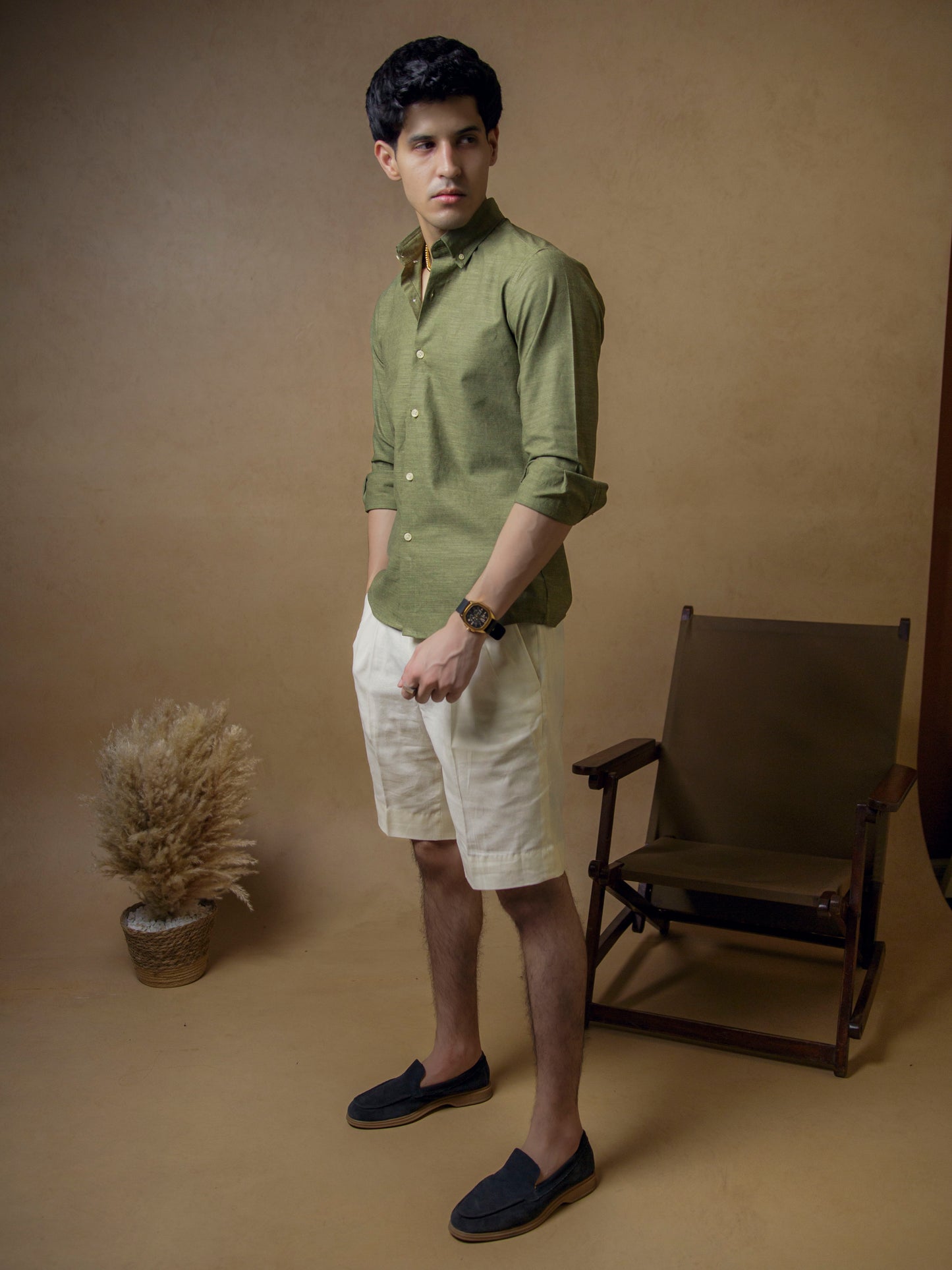 Dark Olive Green with Ivory Shorts