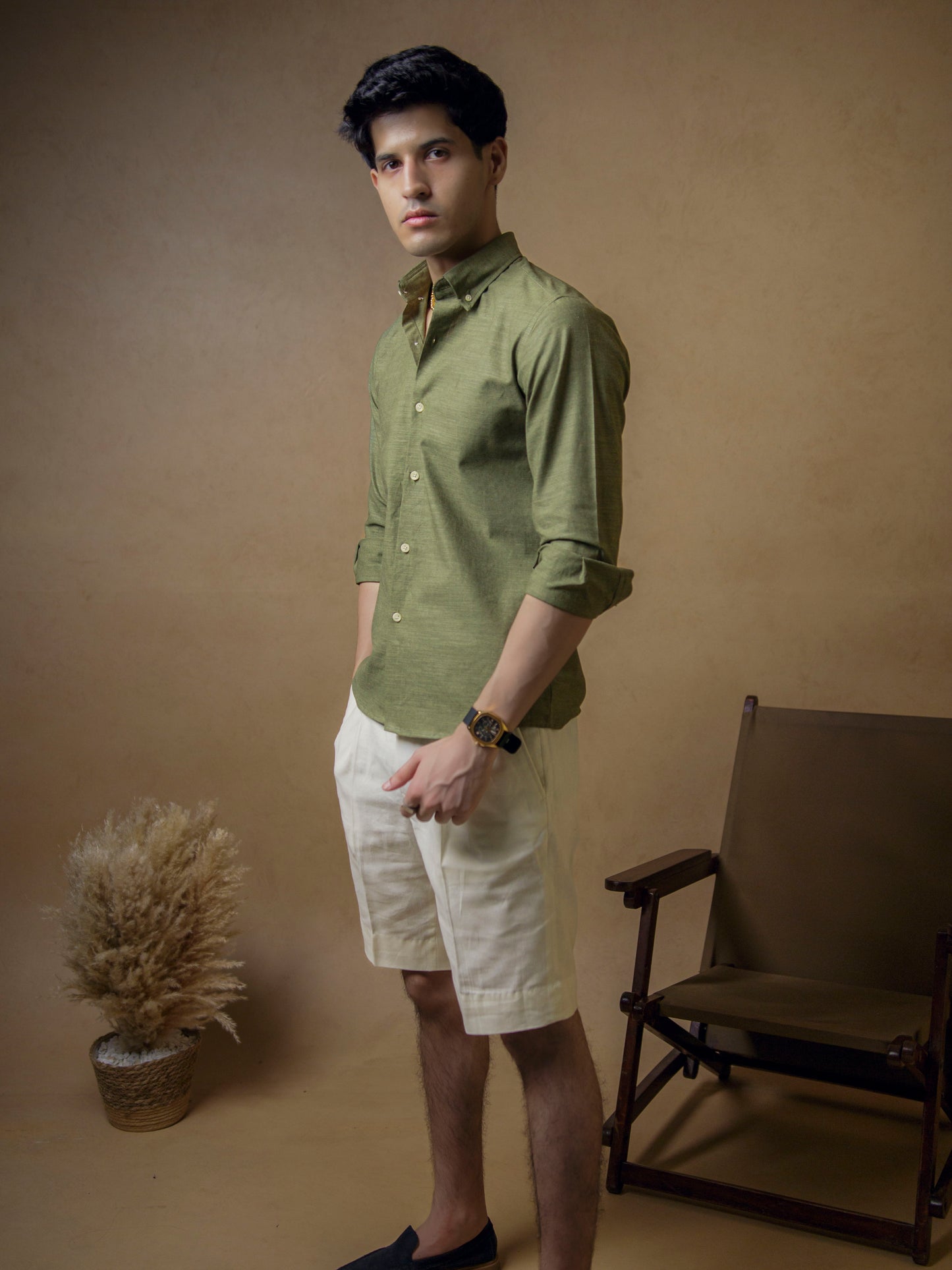 Dark Olive Green with Ivory Shorts