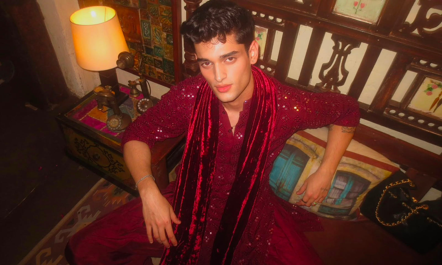 Embroidered Red Kurta with Velvet Shawl