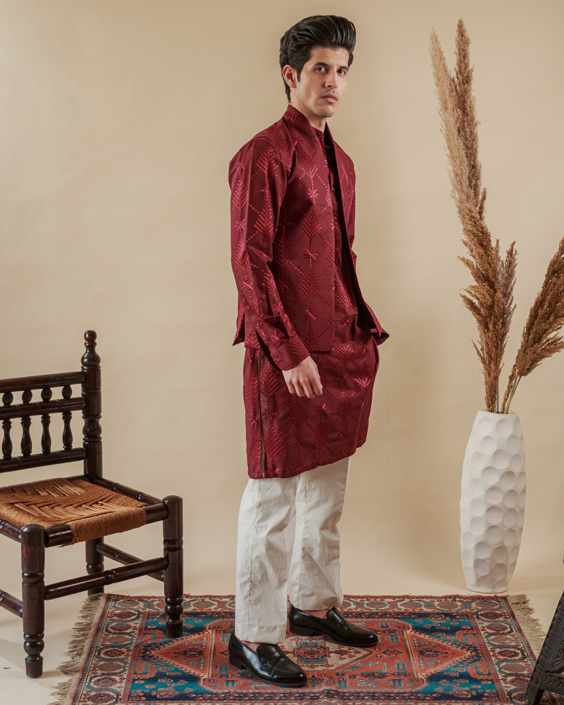 Men's red kurta trouser with waistcoat