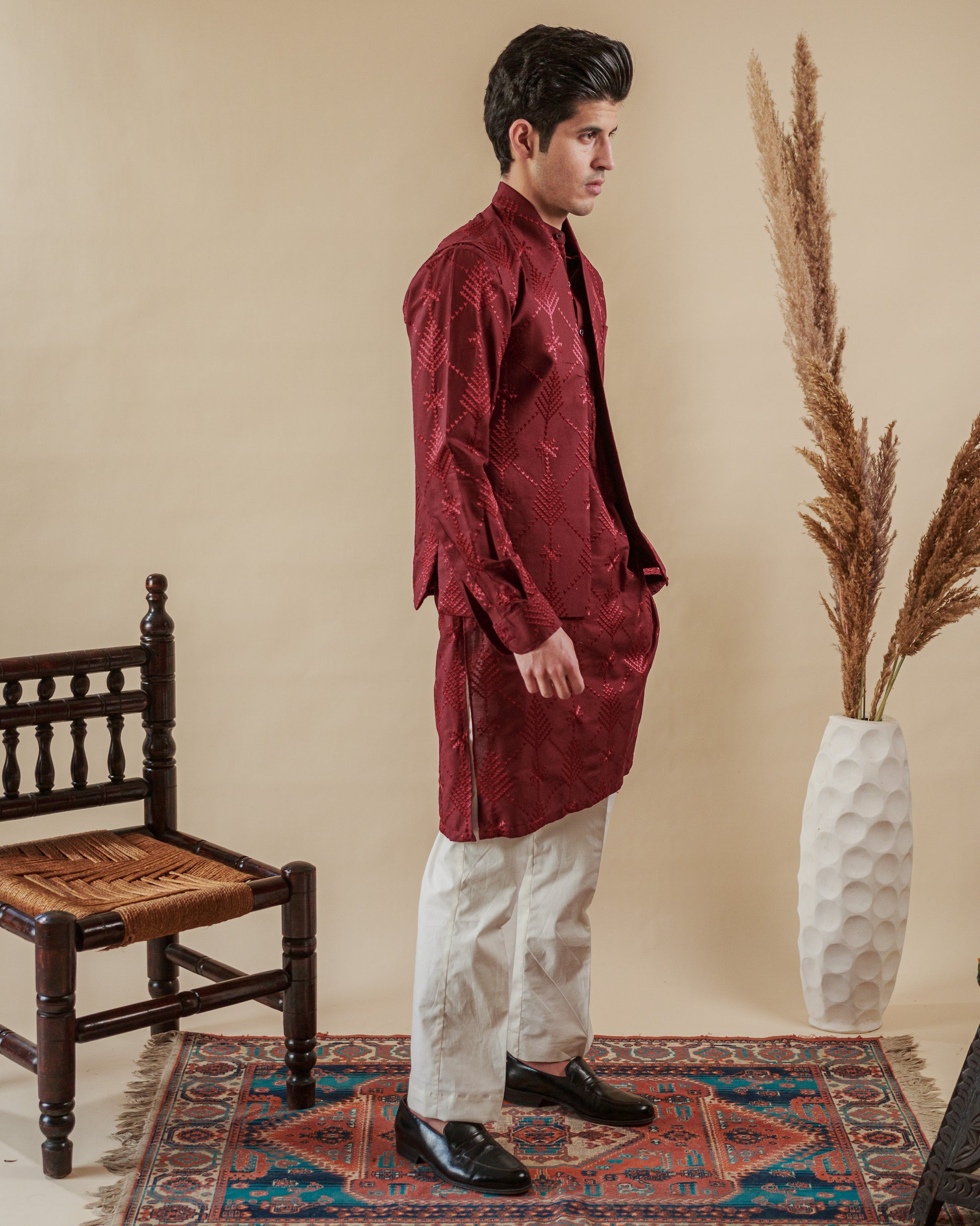 Red kurta trouser with waistcoat