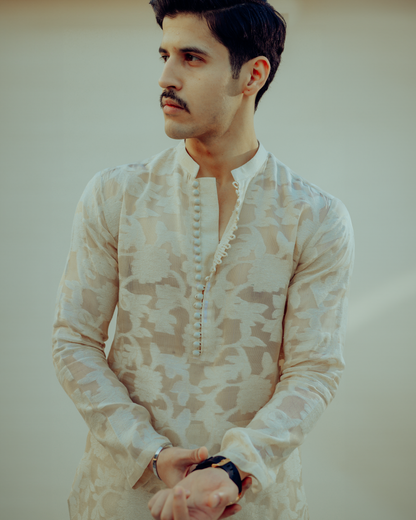 Beige fancy kurta with raw silk trouser
