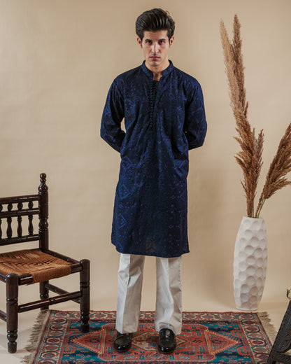 Men’s Embroidered Cotton Kurta with Straight Daman