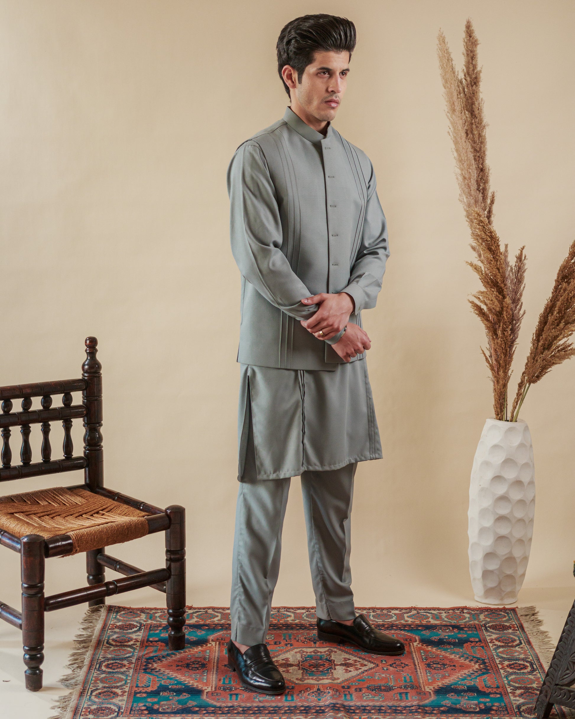 Men’s Gray Waistcoat Kurta Trouser Set