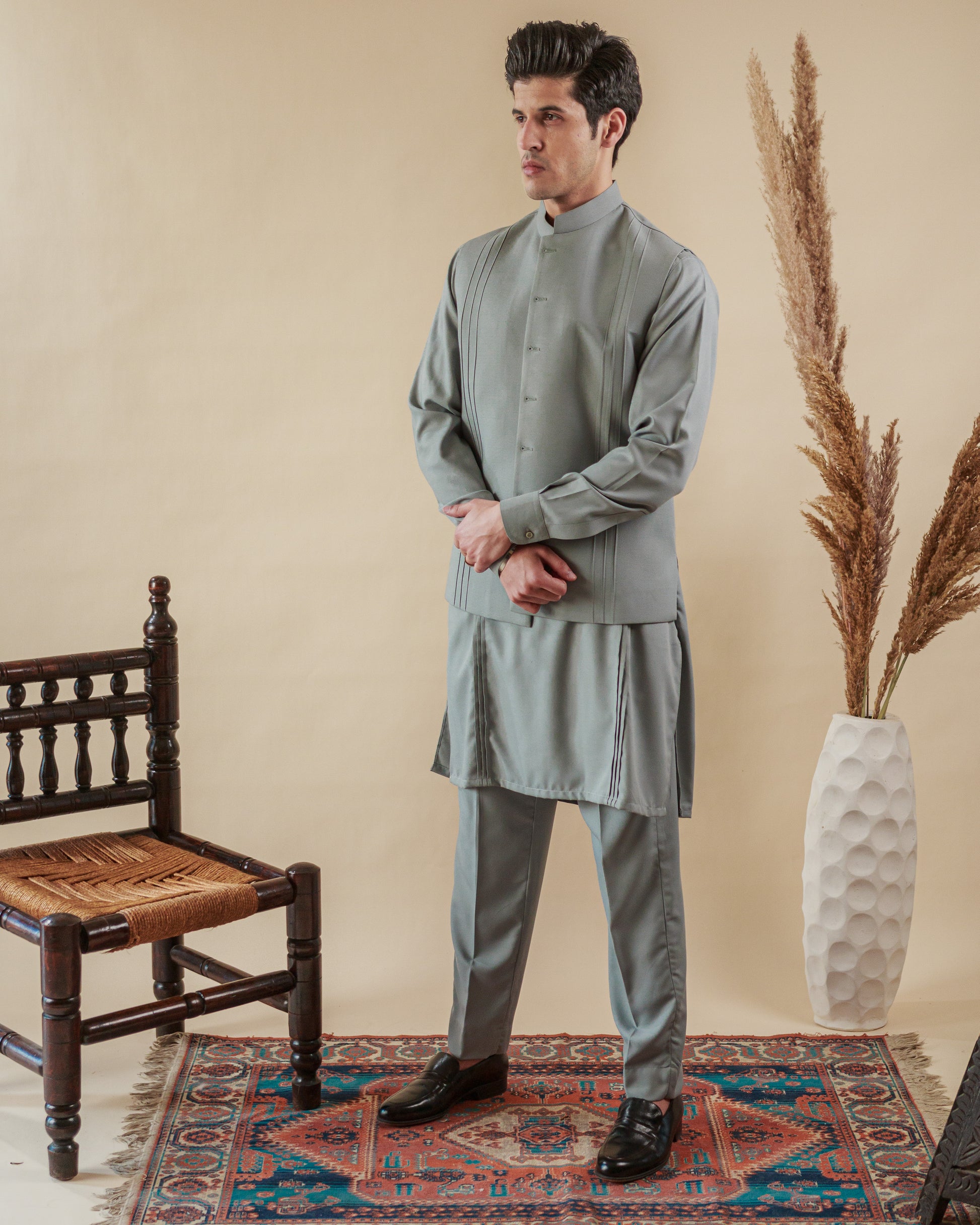 Stylish Gray Waistcoat Kurta Trouser Set
