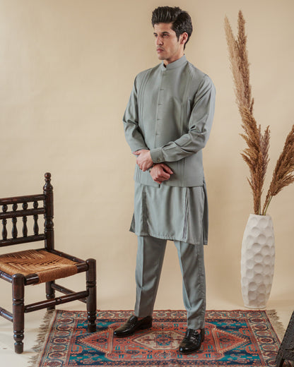 Stylish Gray Waistcoat Kurta Trouser Set