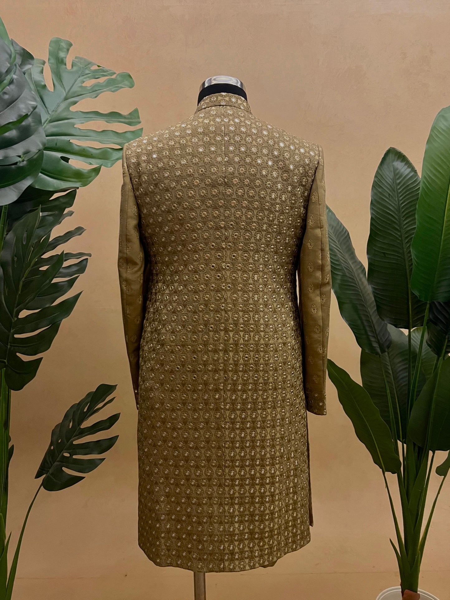 Golden Glamour - Antique Gold Zari & Mirror Work Groom Sherwani