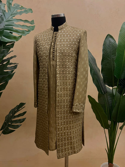 Golden Glamour - Antique Gold Zari & Mirror Work Groom Sherwani