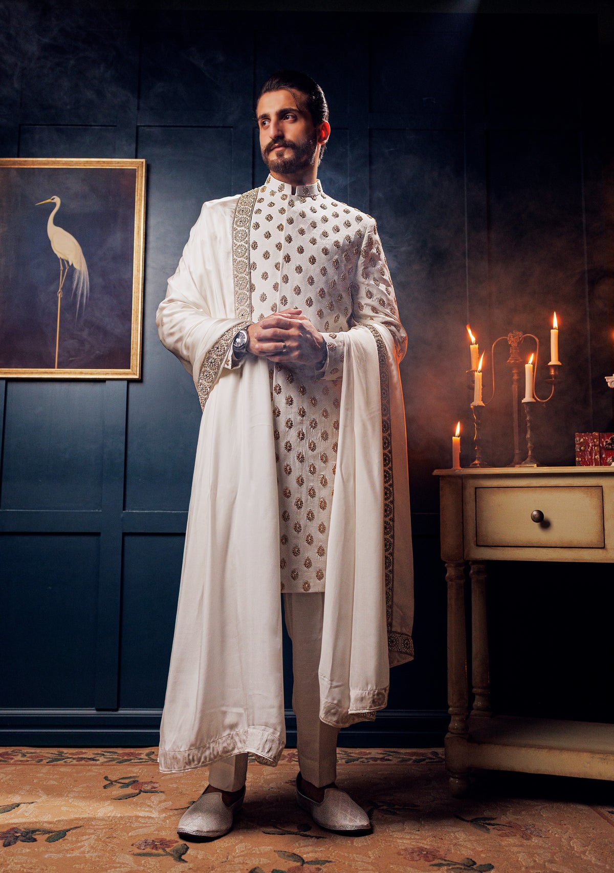 traditional white Raw Silk Kurta Trouser, Silk Shawl with Lace Borders and Self-Print Jamawar Khussa.