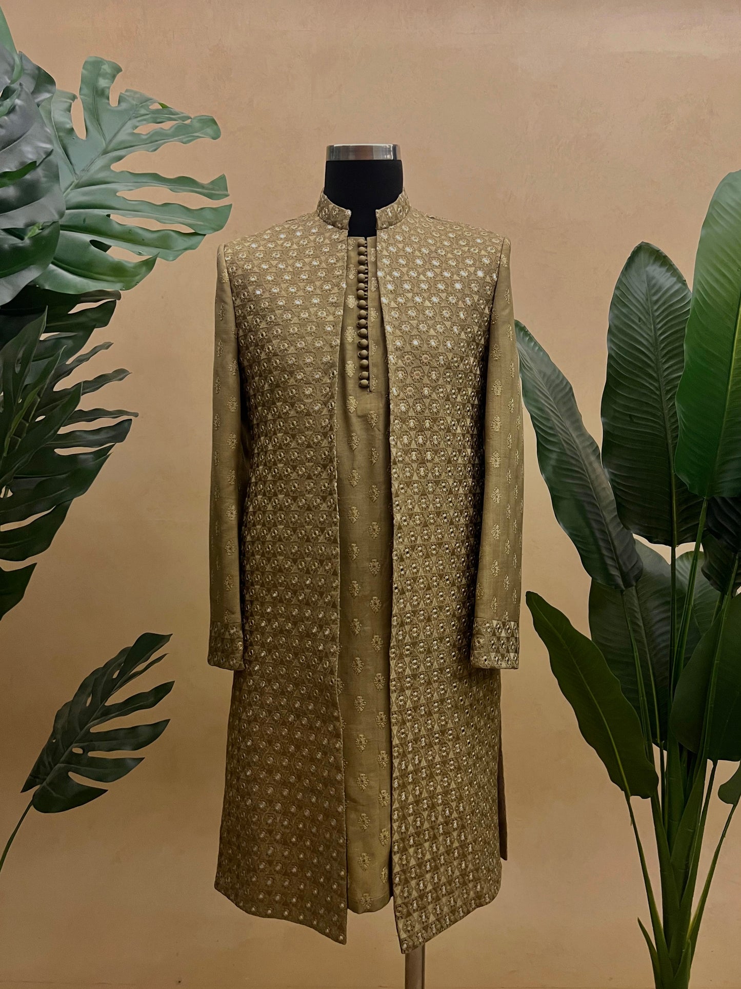 Golden Glamour - Antique Gold Zari & Mirror Work Groom Sherwani