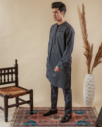 Gray Cotton Kurta with Front Zip