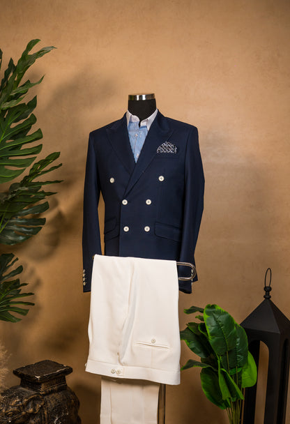 Navy blazer with white shirt and white dress beige pants 
