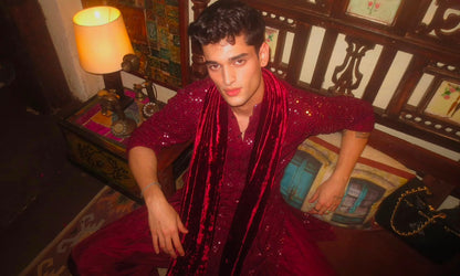 Embroidered Red Kurta with Velvet Shawl