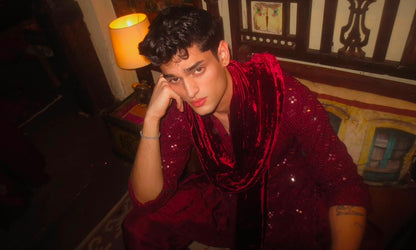 Embroidered Red Kurta with Velvet Shawl