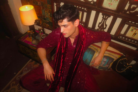 Embroidered Red Kurta with Velvet Shawl