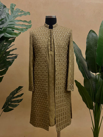 Golden Glamour - Antique Gold Zari & Mirror Work Groom Sherwani