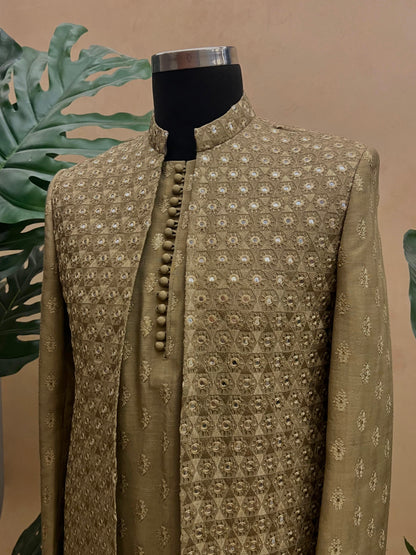 Golden Glamour - Antique Gold Zari & Mirror Work Groom Sherwani