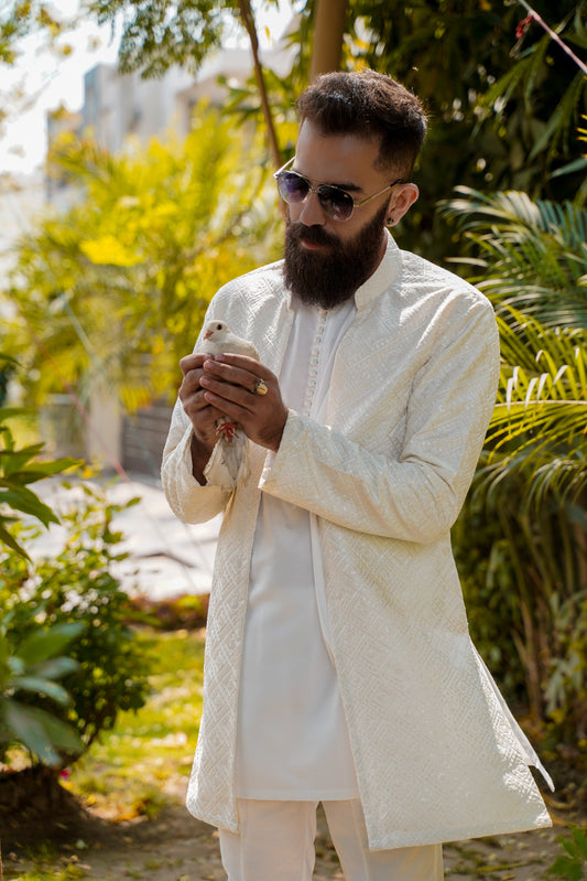 White Kurta Trouser & Outer Jacket for Men, Monarchy Eid Special "Jade"